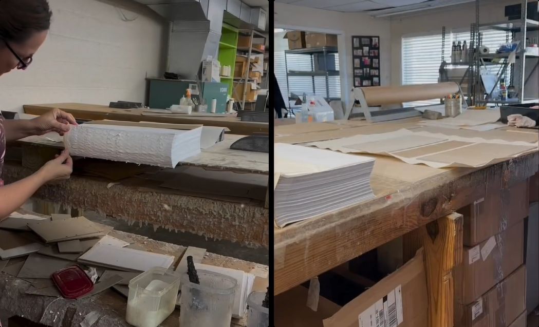 Hand binding and restoration work at Bel-Wil Bookbinders in Morgan City